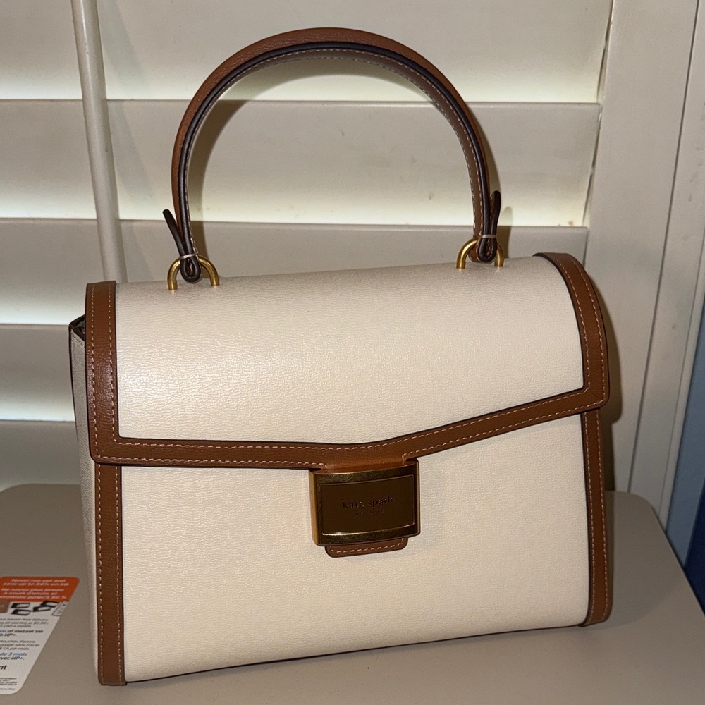 Kate Spade Medium Katy Cream and Brown Structured Top-Handle